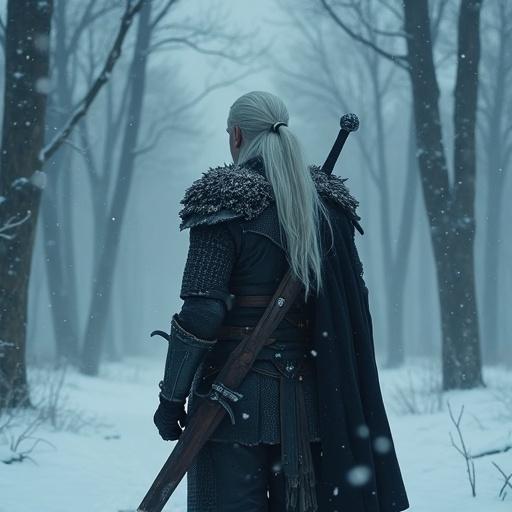 Geralt of Rivia stands alone in a snow-covered forest. Falling snowflakes surround him. He has long white hair tied back. His yellow eyes glow with tension. Dressed in dark leather armor. Swords glint on his back. The trees are bare and ghostly. A suffocating stillness hangs in the air. His breath clouds in the wind. Posture tense, ready for danger. Cinematic feel, ultra-realistic.