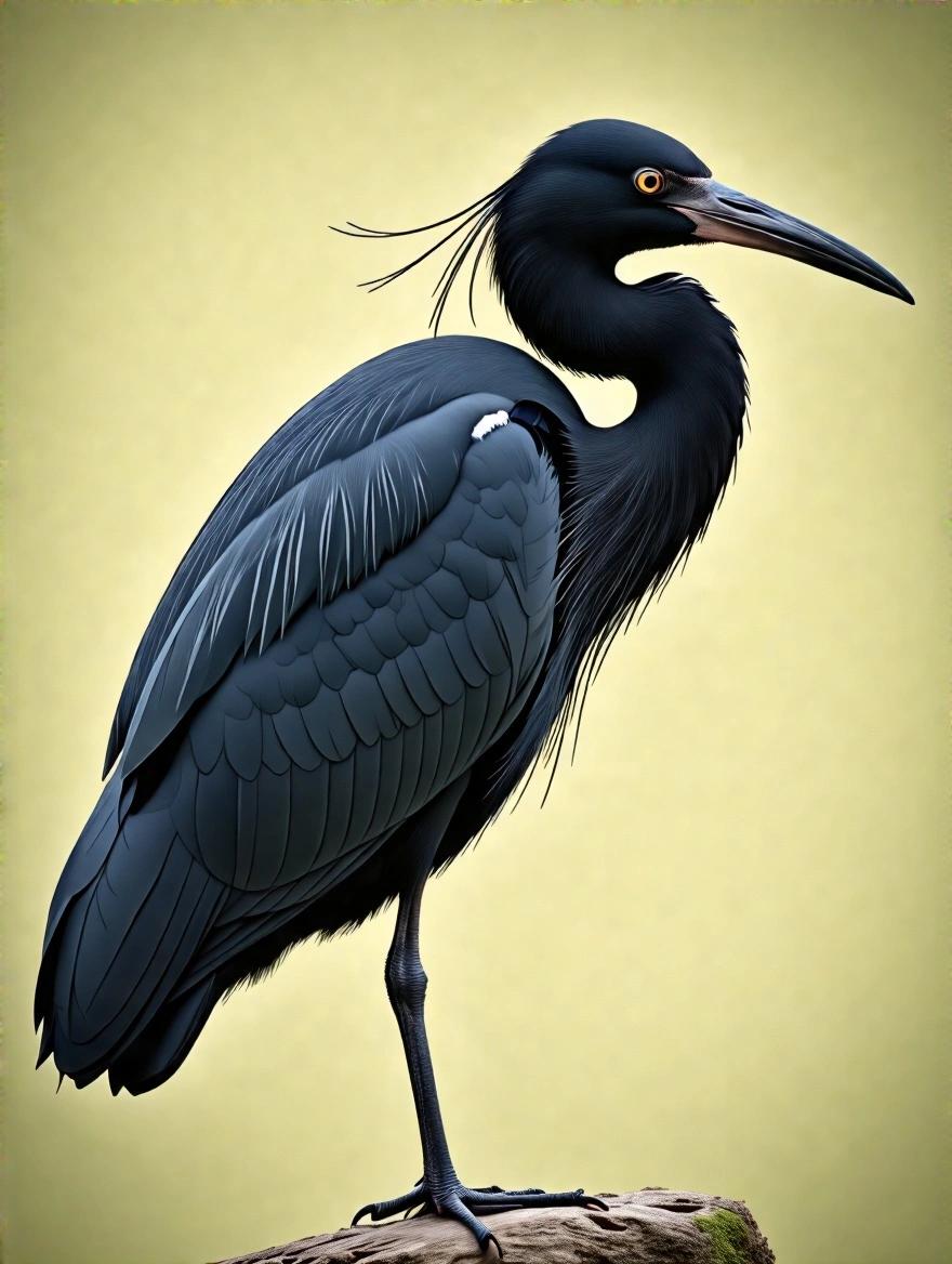 A black heron stands elegantly in side profile. The bird has a slender neck and delicate features. The background is a soft yellow hue. The heron's plumage is solid black. Its eye is prominent against the dark feathers.