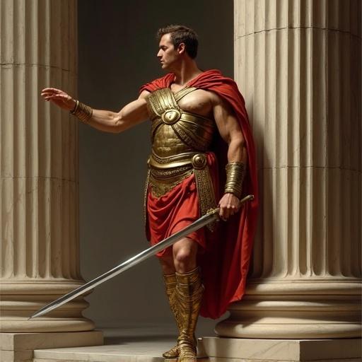 Roman soldier poses confidently with a raised sword beside marble columns. The artwork is an oil painting in neoclassical historical style by Jacques-Louis David. It features ultra high-resolution details with strong anatomy and a heroic composition. The color palette includes muted gold and red tones, enhanced by studio spot lighting.