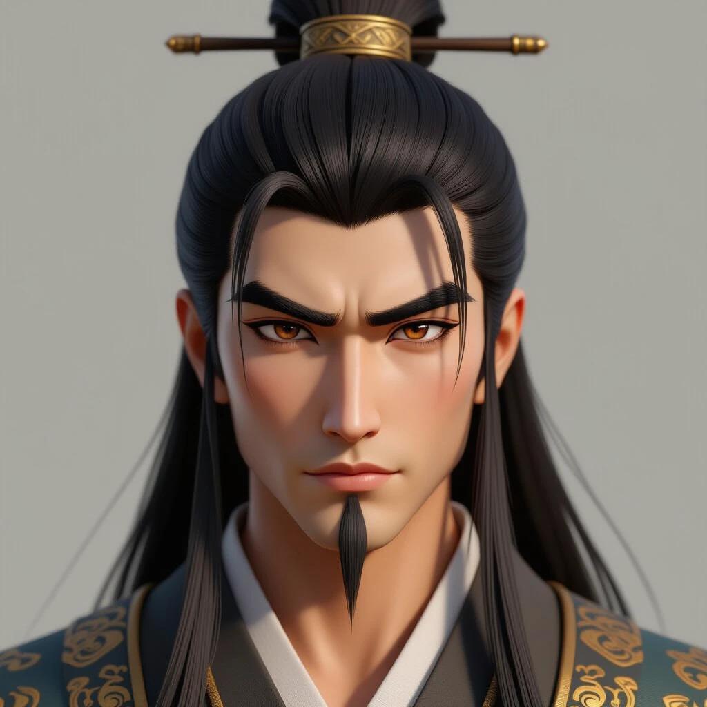 3D ultra-realistic male character in ancient East Asian style. Age and height features included. Long black hair in a high ponytail with a sandalwood hair crown. Square face with prominent cheekbones and brown eyes. Anxious expression with a fatigue hint. Bronze skin with mottled texture and facial scars. Coarse linen robe with a leather belt. Lighting is film-grade.