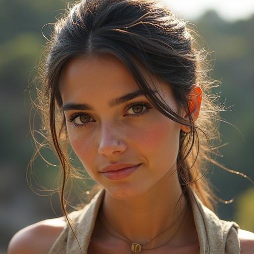 Beautiful Asian woman with a captivating expression. Natural soft lighting enhances her features. Close-up style captures details of her face. Warm earthy colors create a serene atmosphere.
