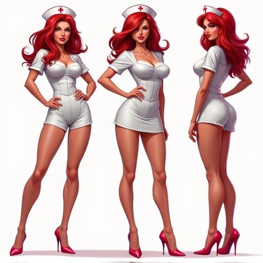 Marvel comic art of a nurse. Various angles and poses. Flirty appearance. Wearing high heels. Sultry look. Navel visible.