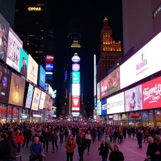 Times Square during night filled with people and bright advertisements.