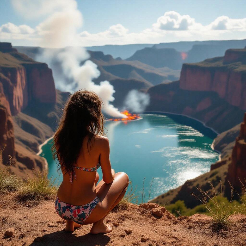 Woman in bikini squatting over a cliff near a lake of fire surrounded by canyon.