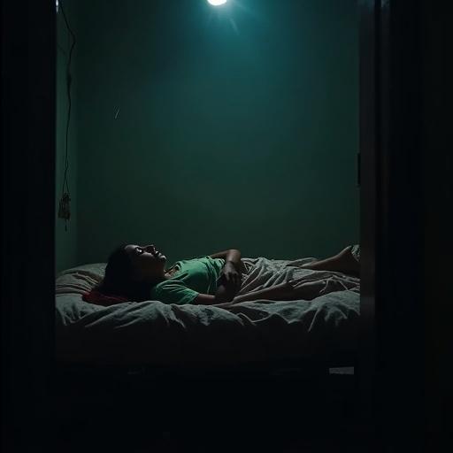 Dimly lit room with a person lying on a bed. The person has a blank stare at the ceiling. The surroundings are dull and minimalistic.