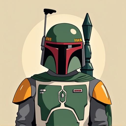 Boba Fett reimagined in Ghibli animation style. Character features classic armor and expressions from Japanese animation. Bright and colorful background enhances aesthetic appeal.