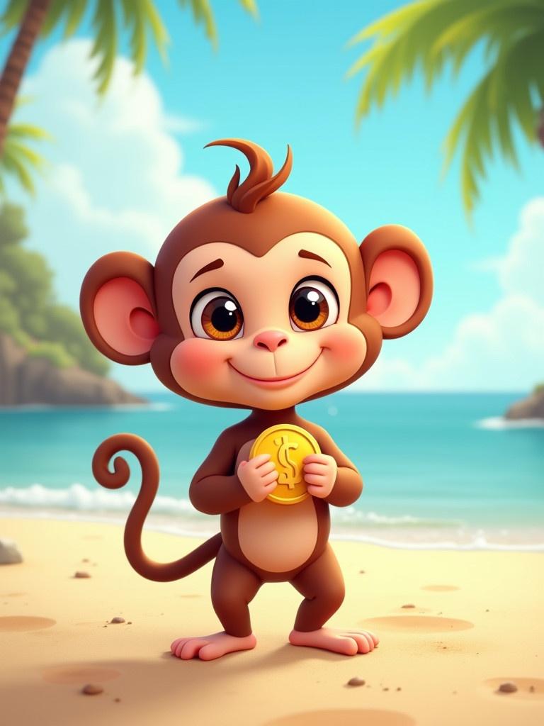 Cute baby monkey designed as an animated character smiling. Monkey holds a shiny coin with both hands. Background features a sunny beach with palm trees and ocean waves.