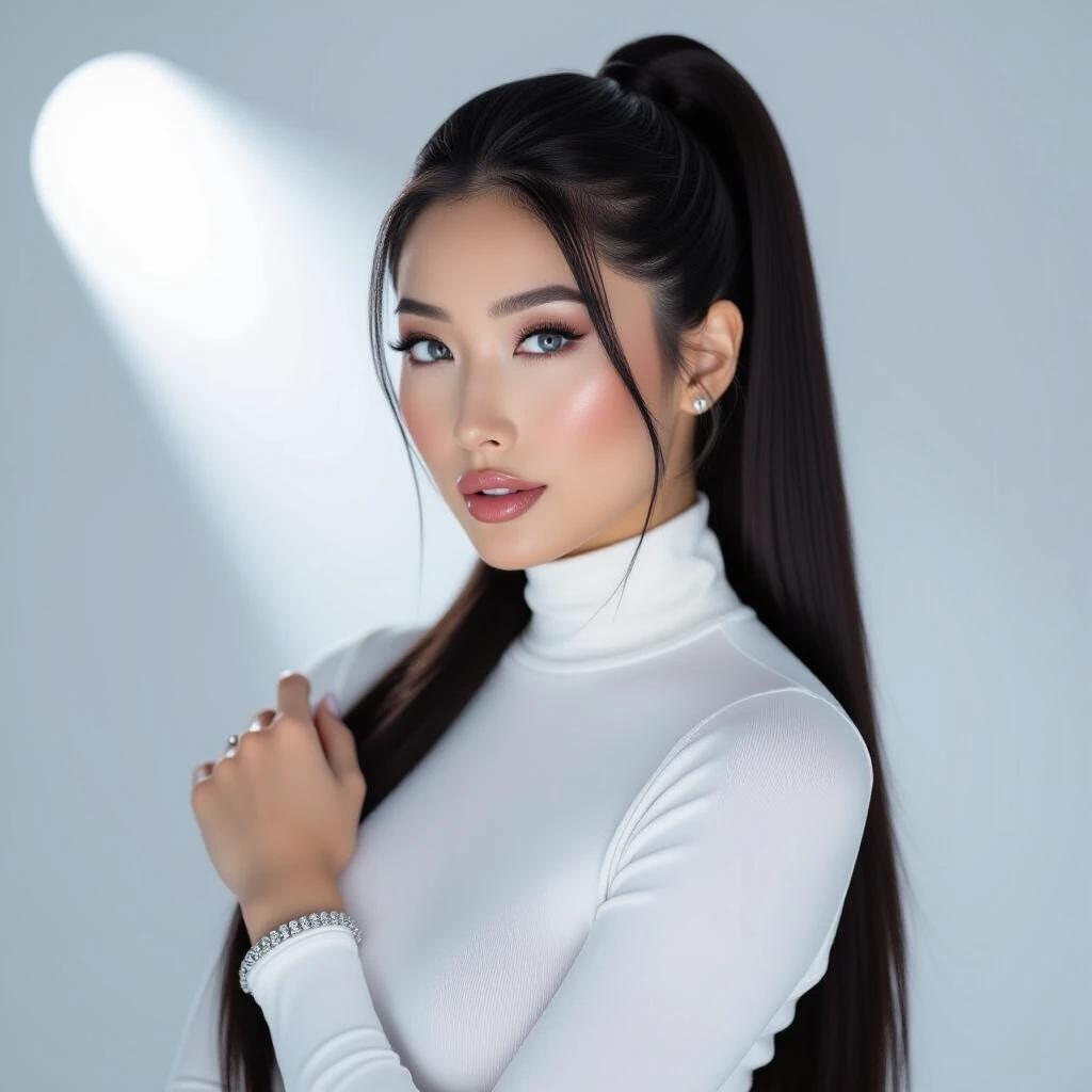 Studio portrait of a confident Japanese woman. Luminous skin and captivating eyes. Long black hair in a high ponytail. Wearing a white turtleneck. Clean white background with a soft shadow. Diffused spotlight illuminates her. Minimalist silver bracelet on her wrist. A white orchid beside her.
