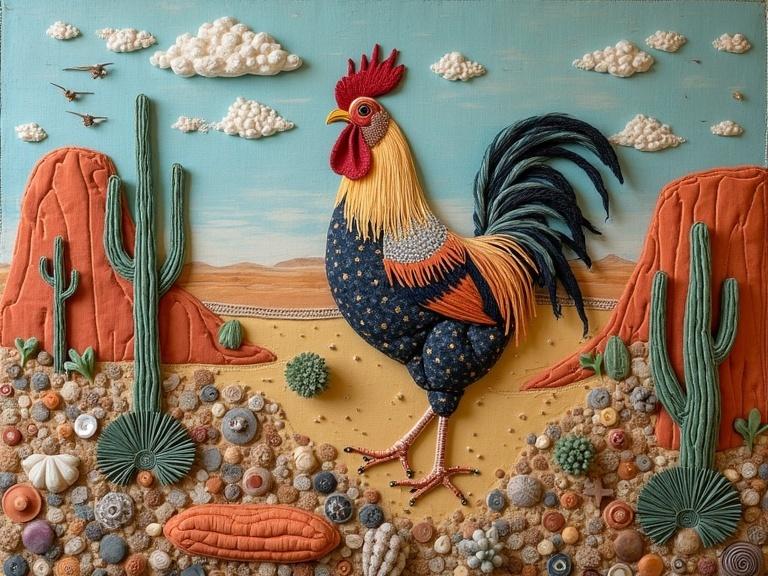 3D primitive desert landscape quilt featuring a rooster. Mixed media used includes fabric, dried flowers, buttons, shells, threads, yarns, encaustic wax, and oil. Detailed interplay of textures.