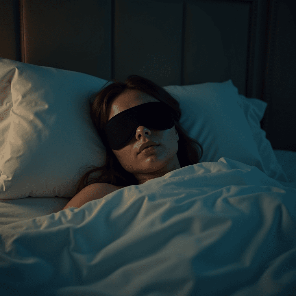 A person wearing a sleep mask lies in bed, comfortably covered by a blanket.