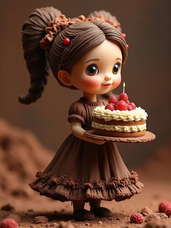 A tiny girl made from chocolate wearing a flowing brown chocolate dress holds a birthday cake. The scene is a vibrant diorama made entirely of chocolate in various shades of brown. The details are intricate, showcasing cute expressions and textures.
