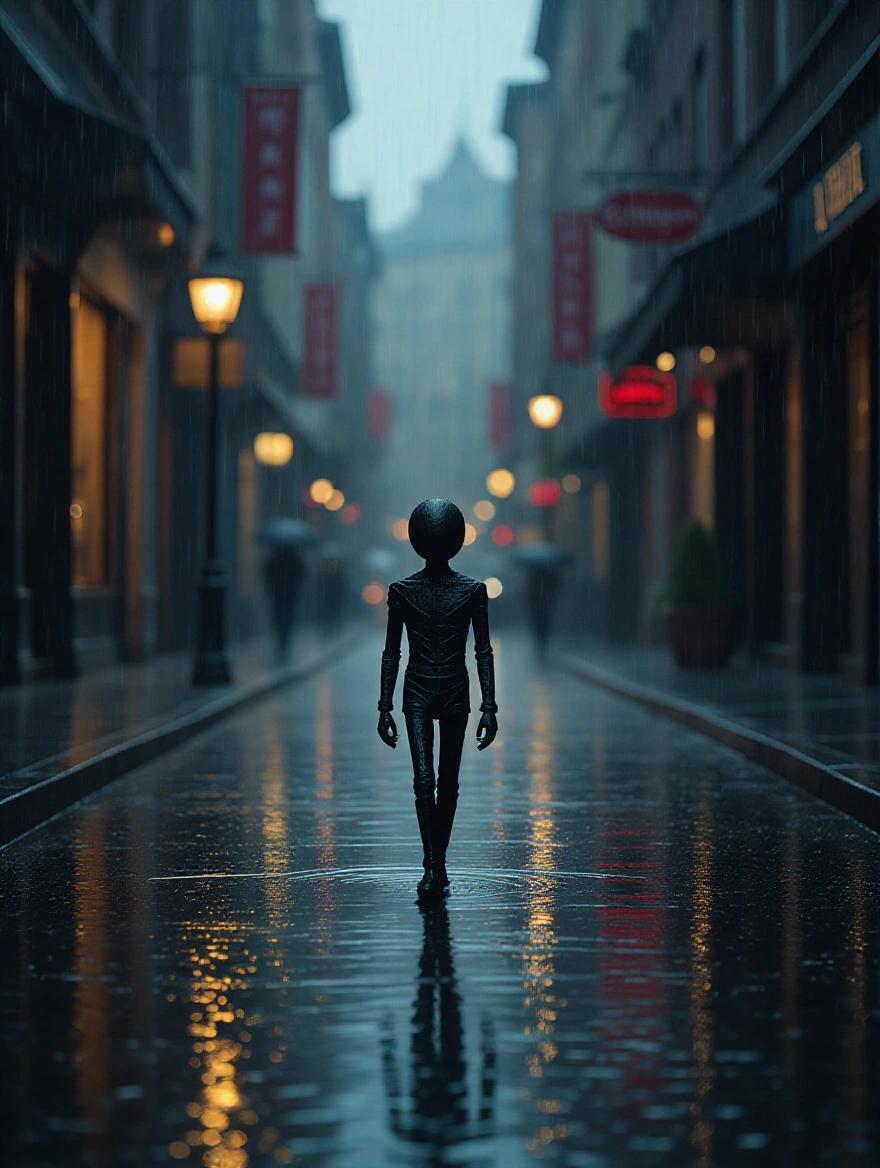 Fine art photograph capturing a miniature stick man walking in a rainy alley. A gloomy, wet atmosphere with dark tones and reflective surfaces. Mood reminiscent of neo-noir style with a cinematic feel.