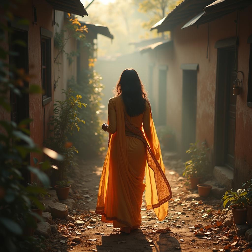 A woman in a beautiful yellow traditional dress walks through a serene alley of a village. The light filters softly through the trees. Surrounding plants and houses create a peaceful atmosphere. The woman's attire reflects the rich culture of Nepal.