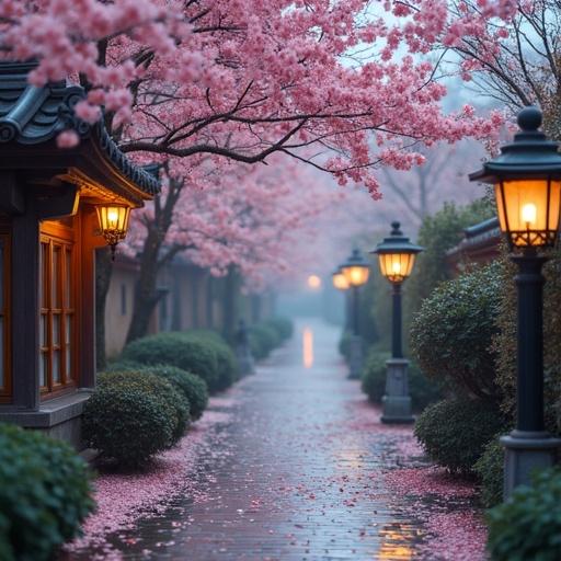 Pale pink blossoms create a serene atmosphere along a cobbled path. Stone lanterns glow softly. Rain scented dusk enhances the scene.