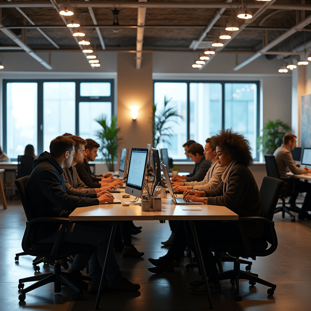 The image showcases a modern office space with an open-plan layout. Several people are seated at long desks equipped with computers, indicating a collaborative work environment. The ambiance is well-lit with natural light streaming in through large windows. Overhead, rows of stylish hanging lights add to the contemporary feel. Green plants are placed strategically around the room, contributing to a refreshing and lively atmosphere. The office exudes a professional yet casual vibe, with a diverse group of individuals focused on their tasks.