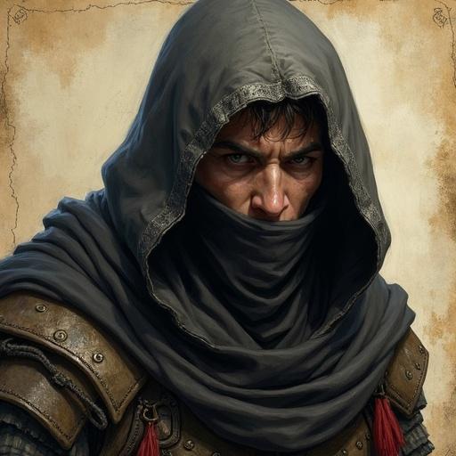 Hooded elf man with scars wearing leather armor face focused. Mouth covered with scarf. Action pose suggesting sneaking. Background fading into worn parchment paper. Digital art inspired by Antonio J. Manzanedo with fantasy and semi-realistic styles.