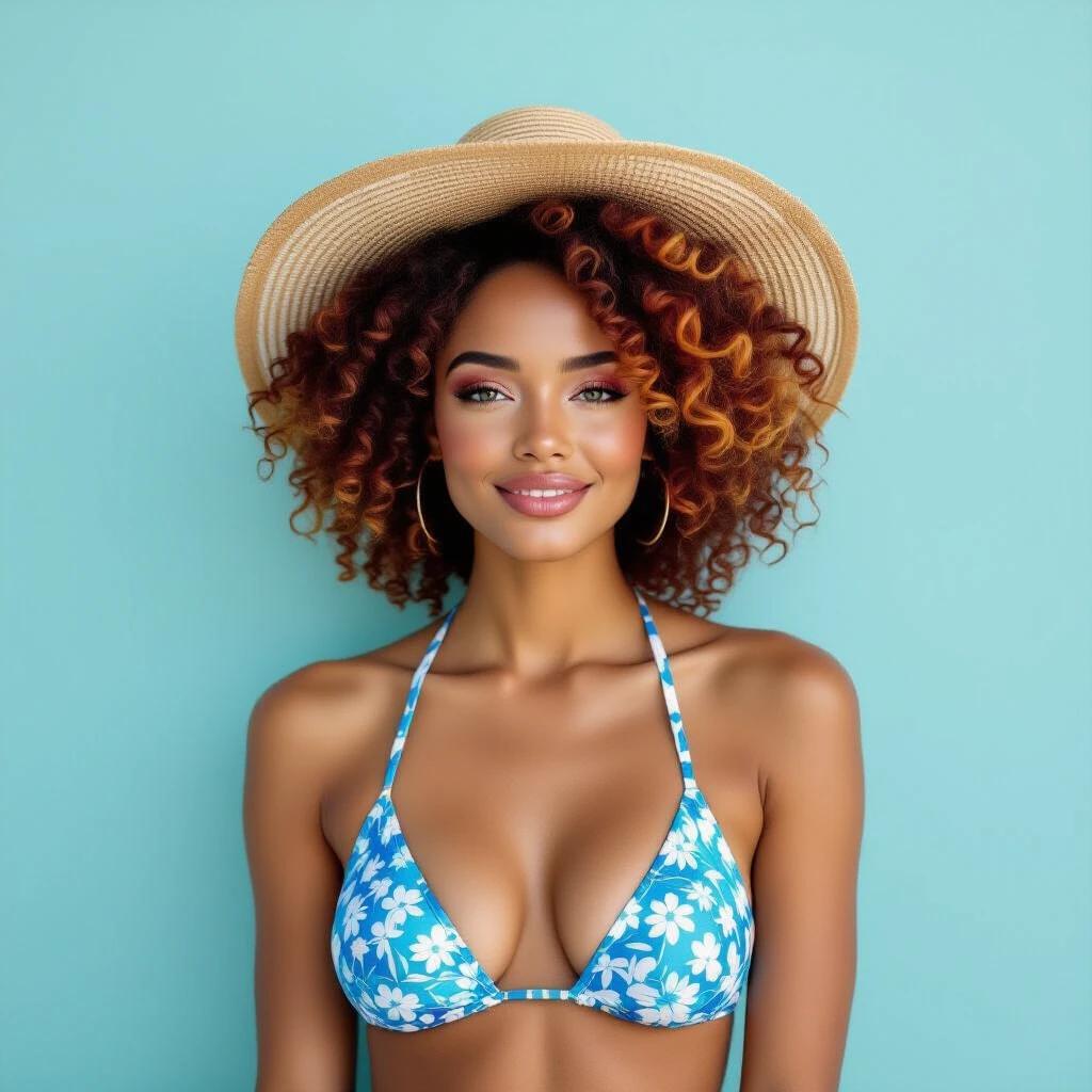African woman with red curly hair wearing a blue swimsuit poses for a photoshoot. She has blue eyes and is smiling.