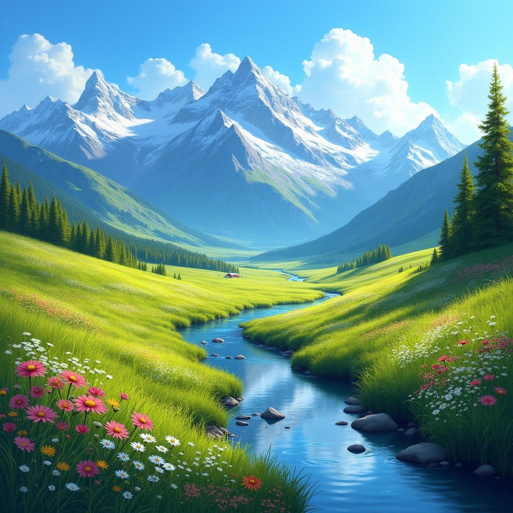 Photoshop that. A bright and serene landscape featuring a river winding through green valleys with vibrant flowers. Majestic mountains in the background under a clear blue sky.