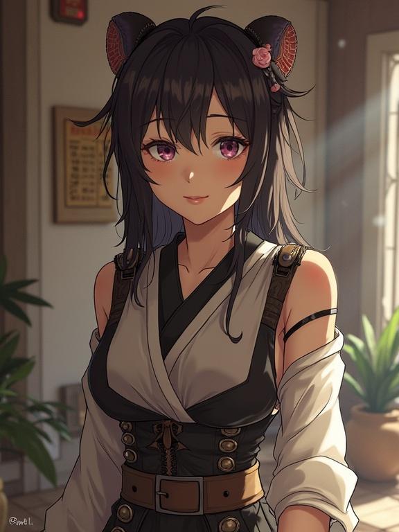 Character in a music studio with black hair wearing stylish attire holding a red electric guitar. Focus on the expression and details of the outfit. Emphasis on personality and music theme.