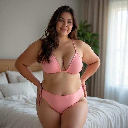 Young woman in a pink bikini standing confidently in a bedroom. The model has a chubby figure. Soft light enhances the natural environment.