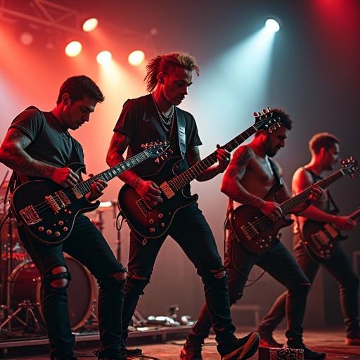 Five-member punk rock band performing live on stage. Band members display unique styles and ethnic backgrounds. Electric guitarist showcases tattoos and torn clothing. Bassist has traditional tattoos and a stoic expression. Lead singer with dramatic makeup and vivid tattoos. Drummer exhibits muscular features and tribal ink. Latino guitarist adds dynamic energy with rapid riffs. Scene full of neon lights and audience excitement.