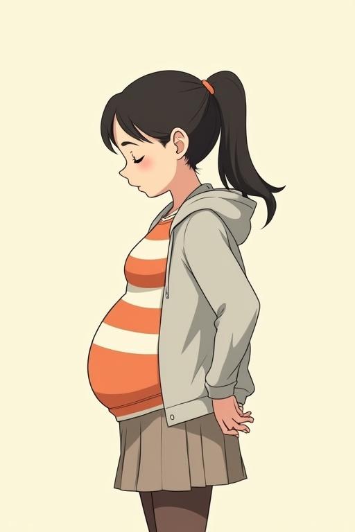 Anime-style illustration of a pregnant girl in profile. She has a ponytail and wears a gray hoodie over an orange and white striped t-shirt. A light brownish gray mini-skirt and leggings are worn. She appears to have back pain and has her hands on her back, with a neutral background.
