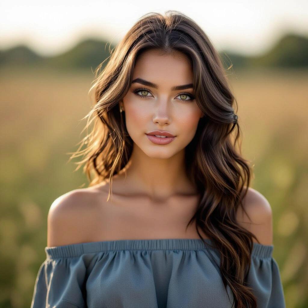 Portrait of a woman in a field. She has long hair and is looking directly at the camera. She is wearing a loose off-the-shoulder dress, conveying a relaxed and alluring vibe.