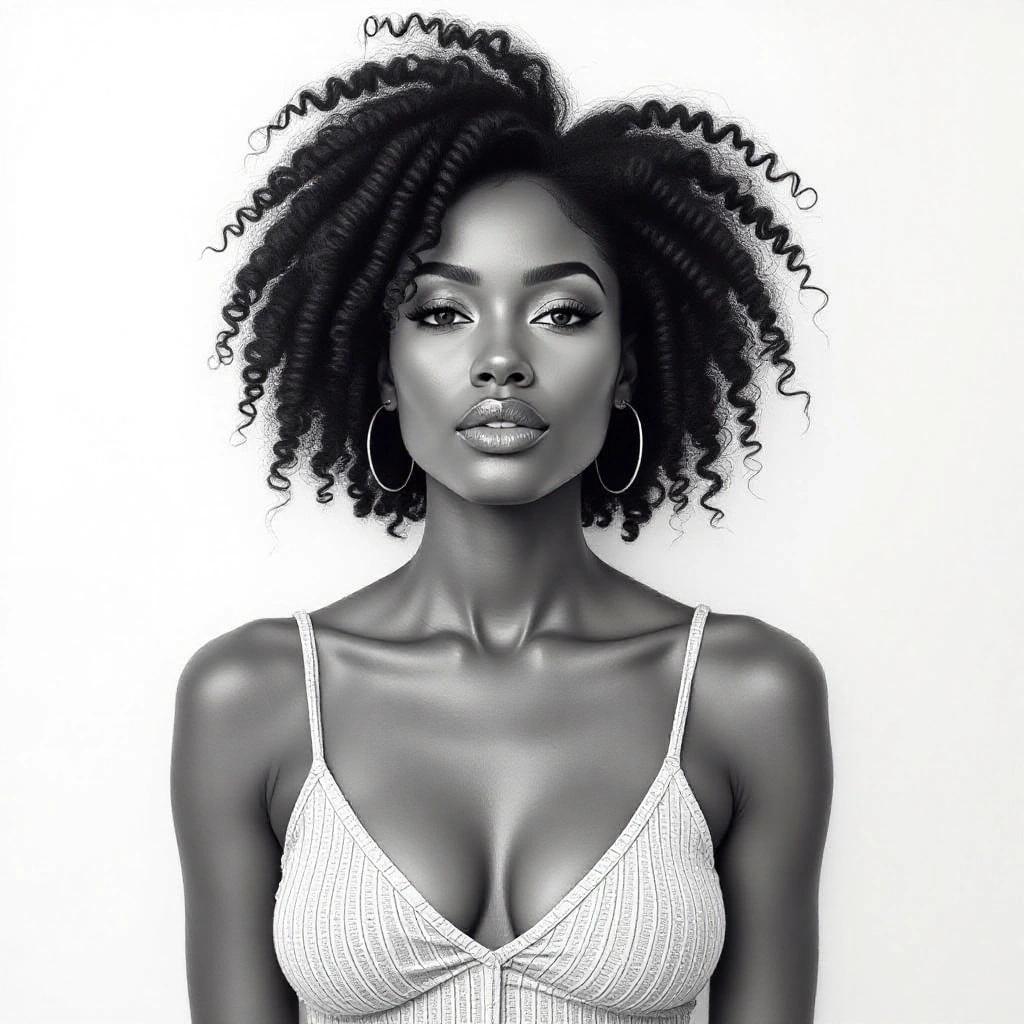 Pencil drawing of a woman with natural hair posing in a stylish outfit against a neutral background.