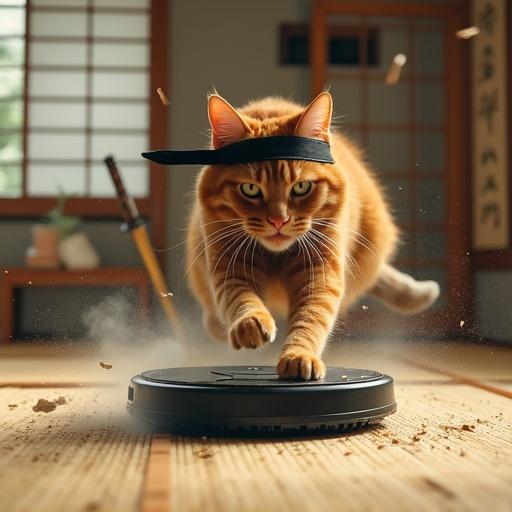 Fierce ginger cat wearing a black ninja headband attacks a terrified robot vacuum with a katana. The scene is set in a traditional Japanese room with soft amber lighting and tatami mats. Background features a wooden katana stand and sliding paper doors. Dust swirls in the air emphasizing the dynamic action.