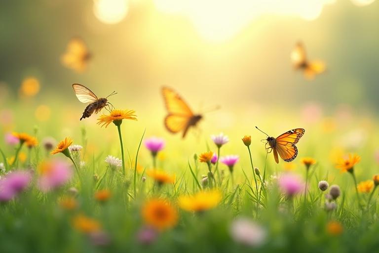 Vibrant grass field filled with wildflowers. Delicate wings of butterflies and bees flutter around. Scene has shallow depth of field with flowers and butterflies in sharp focus. Background is a blur of colors with soft diffused light creating a dreamy atmosphere.