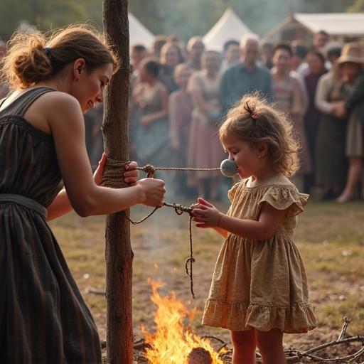 Mother is playfully tying daughter to a pole. Surrounding branches and logs create a safe space. Fake fire is burning. Daughter wears oversized pacifier. Scene is set in a historical festival with bright costumes. Many people are gathered in the background. Child pretends to be burned at the stake.