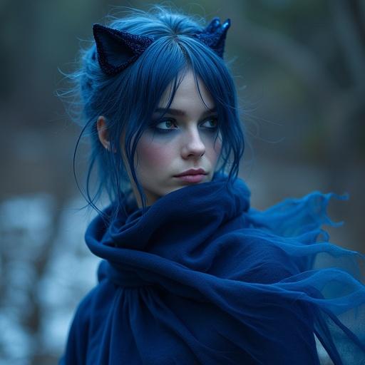 Image of a deep-blue fantasy character with silver-lake eyes and flowing silks. Hair is vibrant blue with catlike ears. Scene is serene, magical, and slightly ethereal. Background hints at a mysterious twilight atmosphere.