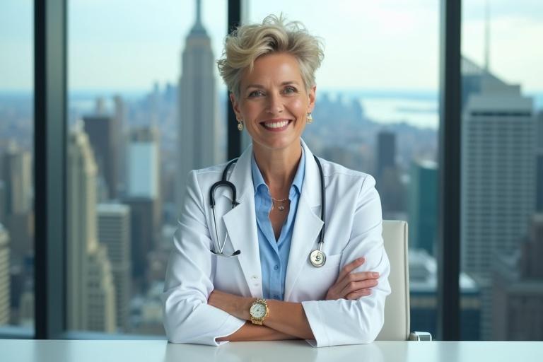 An elegant and sophisticated woman aged between 45 and 55. She has flawless, white skin and a professional demeanor. A successful doctor in a modern consultation room. Behind her is a glass wall with a panoramic view of Manhattan. Her hair is dark blonde and styled in short curls. She wears a white silk medical coat over a light blue shirt. The woman is sitting with arms crossed and displaying a friendly yet professional smile. The room is well-lit with warm tones and pastel colors, and the composition captures the modern decor and medical elements.