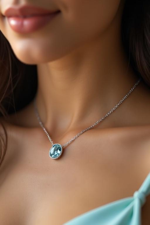 Close-up high-resolution image showing model neckline with aquamarine pendant on silver chain. Pendant focuses clarity and shimmer of light-blue gemstone. Natural skin tone with softly blurred background. Styled like luxury jewelry advertisement with soft lighting and shallow depth of field.
