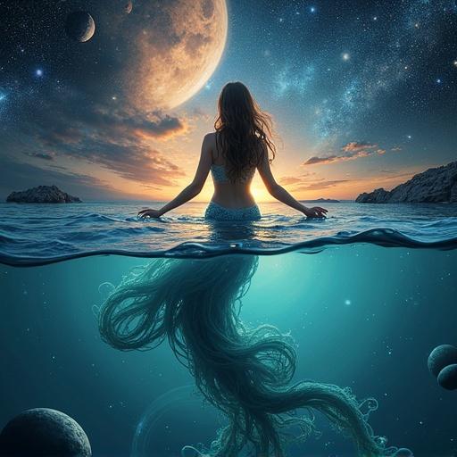 A mermaid swimming in cosmic space. Starry background with visible planets. Water surface reflects celestial elements.