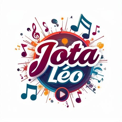 Logo design for composer named Jota LéO. Typography is stylized. Musical notes and symbols surround the text. Dynamic and colorful design with vibrant elements. Prominent play button icon.