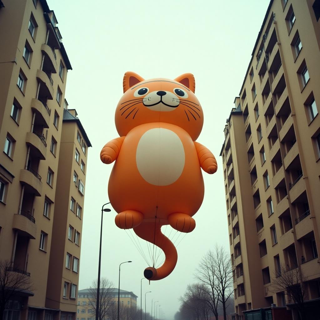 Massive inflated balloon of a cat. Cat is orange with a white belly. Balloon situated between Soviet apartment blocks. Image captured with Portra 400 film.