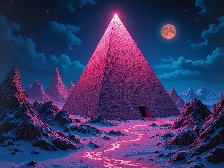 Pyramid at night illuminated by neon light in a dreamlike landscape. Mountainous terrain surrounds the structure with a glowing moon in the sky.