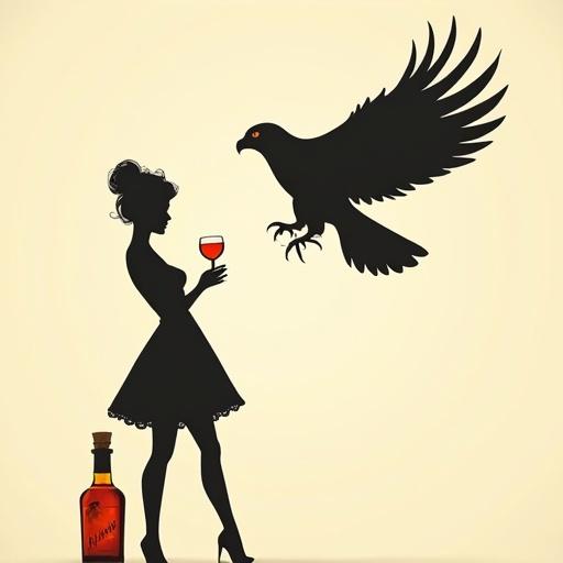 Minimalist papercut silhouette against beige background. Woman wears elegant dress. Holding small shot glass of reddish liqueur. Falcon interacts with the woman. Bottle of liquor named Alfruno at the bottom. Silhouette art style.