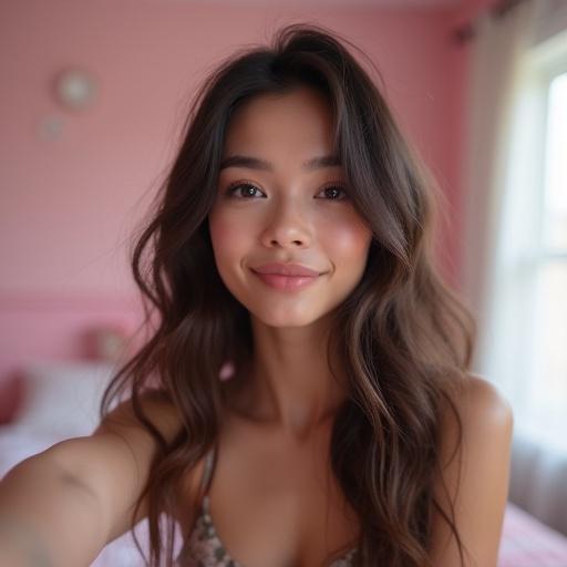 Selfie of a young woman with long wavy brunette hair. She has a round face and is in a pink and white bedroom. The image is slightly blurry.