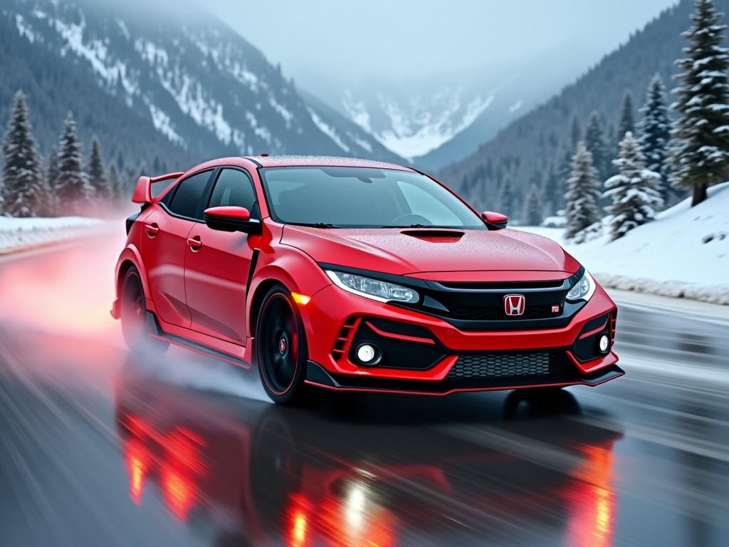 A red sports car speeding on an icy road in a snowy mountain landscape, with motion blur and reflection on the road surface.