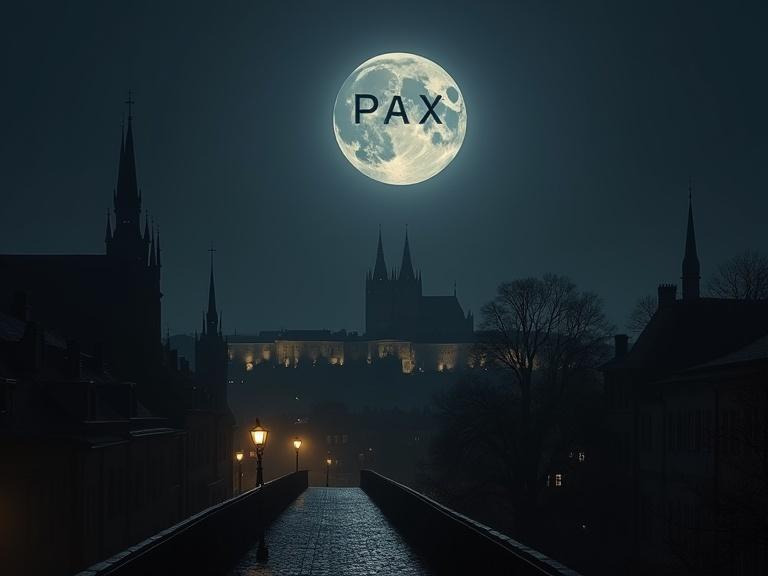 A quiet night in Prague in 1930. The skyline is illuminated by the moon. The Týn Church and Prague Castle create a gothic silhouette against the sky. Gas lamps flicker on cobblestones. A full moon with the inscription PAX glows above, creating calmness and awe over the city.