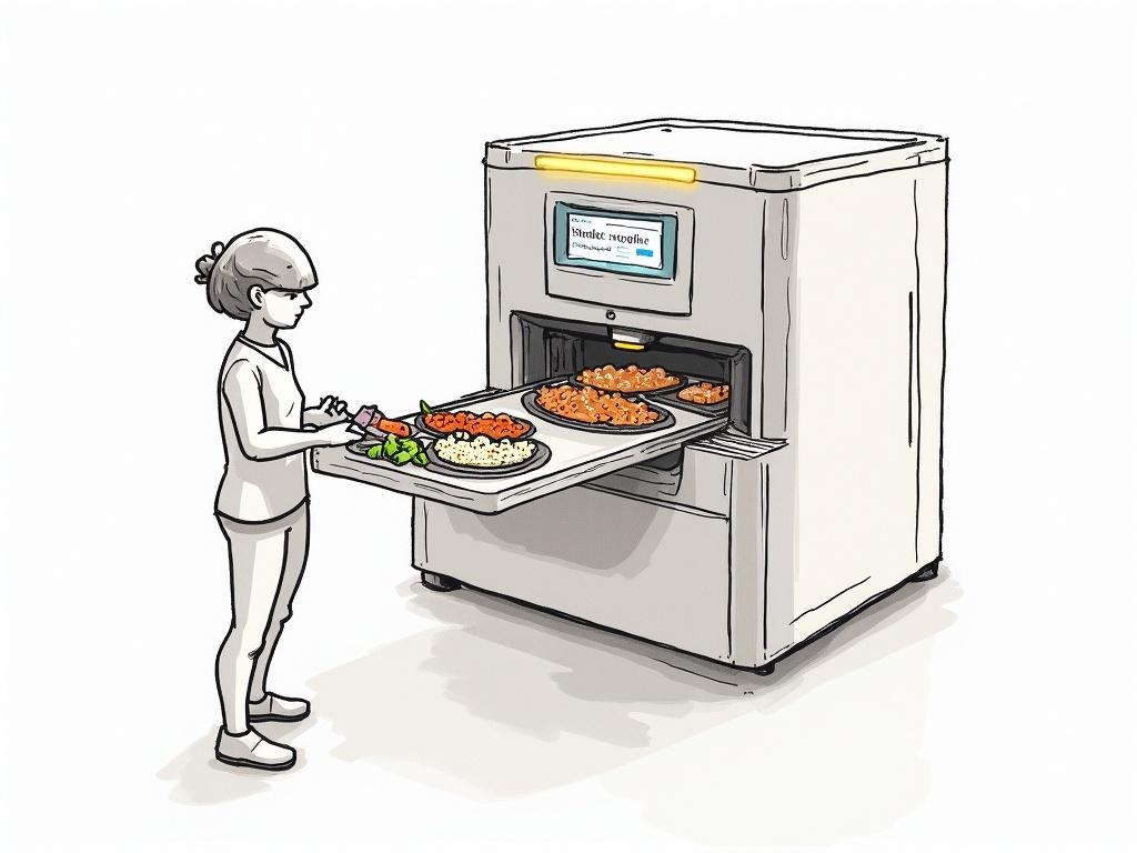 Design ideas for a fully automated cooking machine. User interacts with a machine resembling a coffee maker. The machine sorts and cooks meals at the push of a button. Ingredients loaded into a drawer. Targeting those who seek convenience and stress-free cooking.