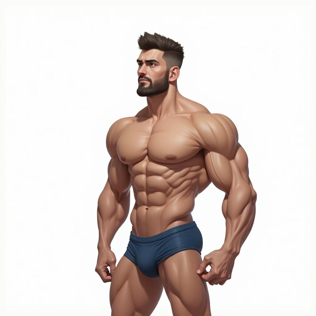 Stylized 2D muscular male figure viewed from the front. Ideal for drawing reference with prominent muscle definition.