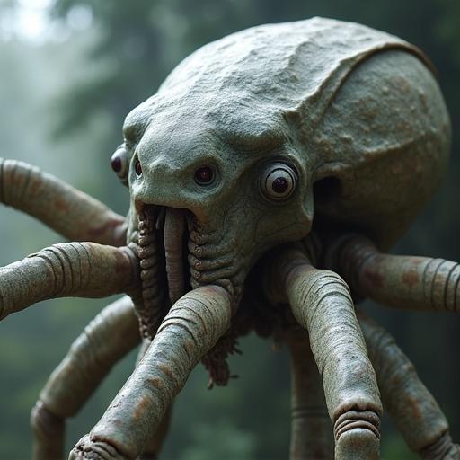 Heptapod creature seen in Arrival movie. Close-up view showcasing its unique design and multiple arms. Setting is dark and mysterious forest background.