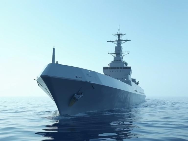 Sleek light grey sci-fi polygonal bevel destroyer on calm water. Bright sunny blue sky visible. Hyper-realistic details including shadows and textures. High resolution.