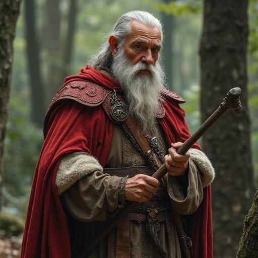 A male hobbit cleric holding a warhammer stands in a forest. The character has a detailed outfit with a cape and accessories.