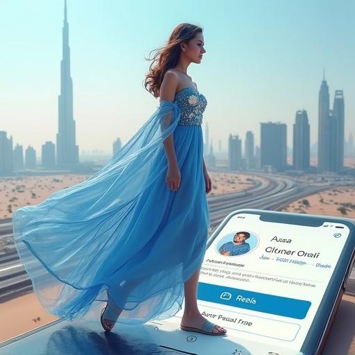 A hyper-realistic scene features a giant woman dressed in a flowing blue dress decorated with white flowers. She walks gently with a serene expression on a giant smartphone screen. The background shows an aerial view of Dubai, featuring the Burj Khalifa and desert. Composition includes realistic lighting and shadows for an eye-catching visual.