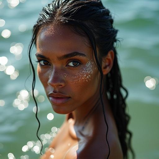Award-winning close-up portrait photo of a Polynesian woman depicting a water goddess. Body scars are visible in a partially submerged shot in the Pacific Ocean. The style resembles Moana with highly detailed and intricate features. The image celebrates beauty through lens flare and backlighting with a blooming effect.