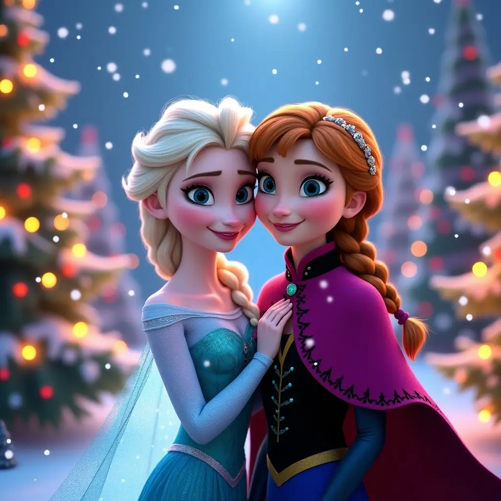 Elsa and Anna dressed in winter outfits celebrate Christmas. Background features Christmas trees and soft lights.